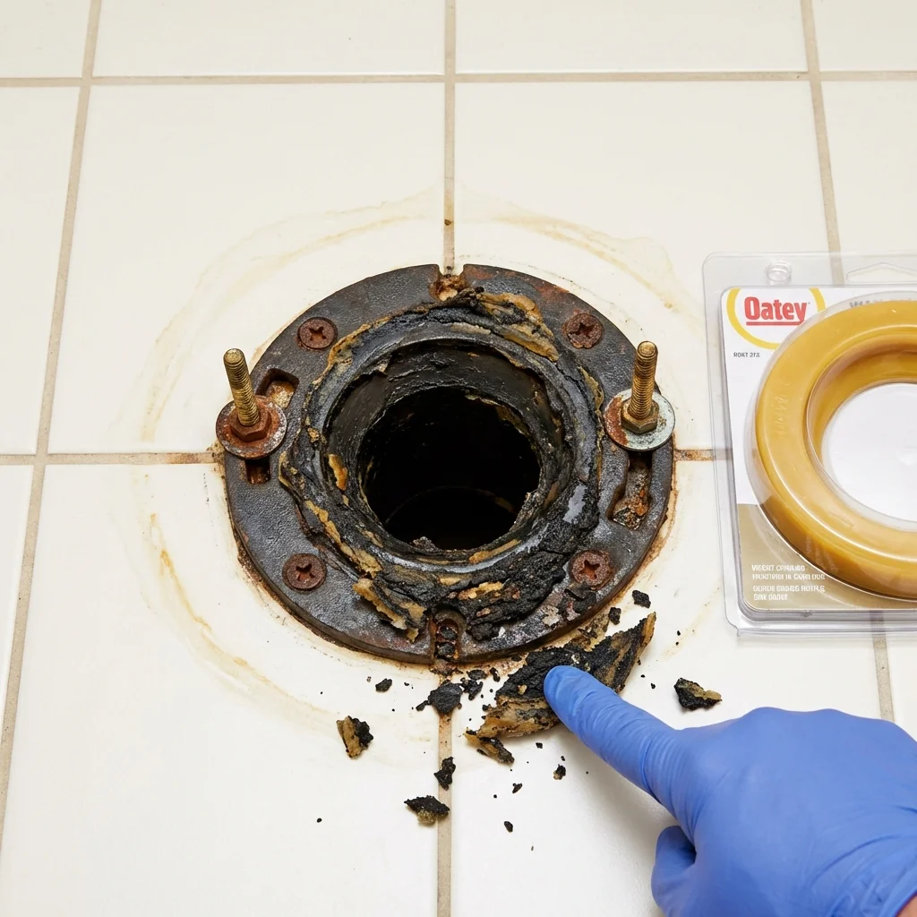 Failed wax ring showing water seepage at the base of a toilet in a Salem, NH home