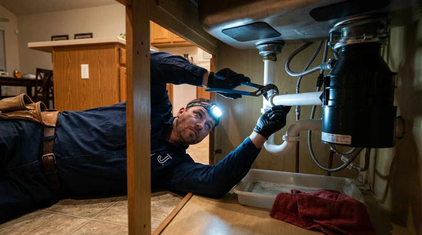 P-trap and supply line connections under a kitchen sink showing a common leak point in Salem, NH